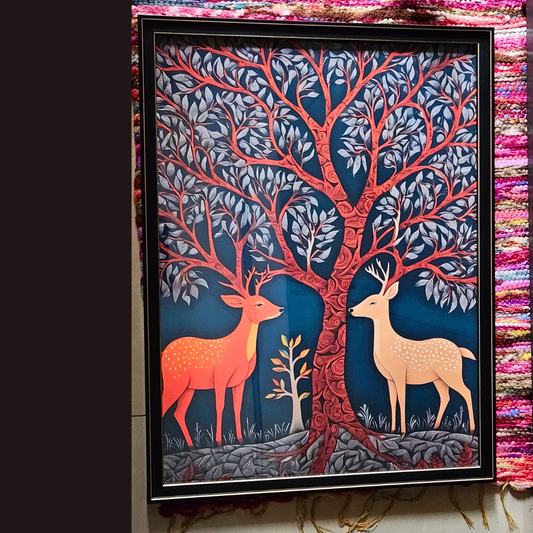Gond Art Tree of life - Black Frame with Gold Lining 18.5 x 24 inches