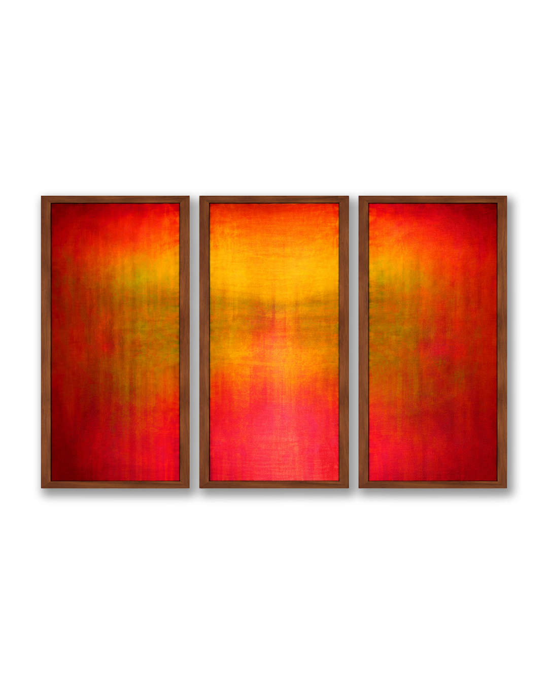 A three-panel abstract wall art set with vertical canvases in warm gradient tones of red, orange, and yellow, each framed in dark brown wood, shown against a plain white background.