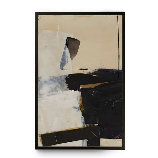 Abstract art piece with black, white, and gray tones in a black frame.