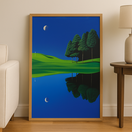 Framed artwork of a landscape with trees, moon, and lake in a room setting.