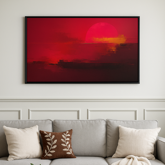 Modern living room with a gray sofa, wooden coffee table, and a large framed sunset painting on the wall.