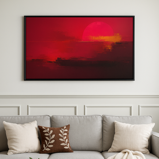 Modern living room with a gray sofa, wooden coffee table, and a large framed sunset painting on the wall.