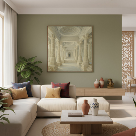 Modern living room with a beige sectional sofa, decorative pillows, and a large painting on the wall.