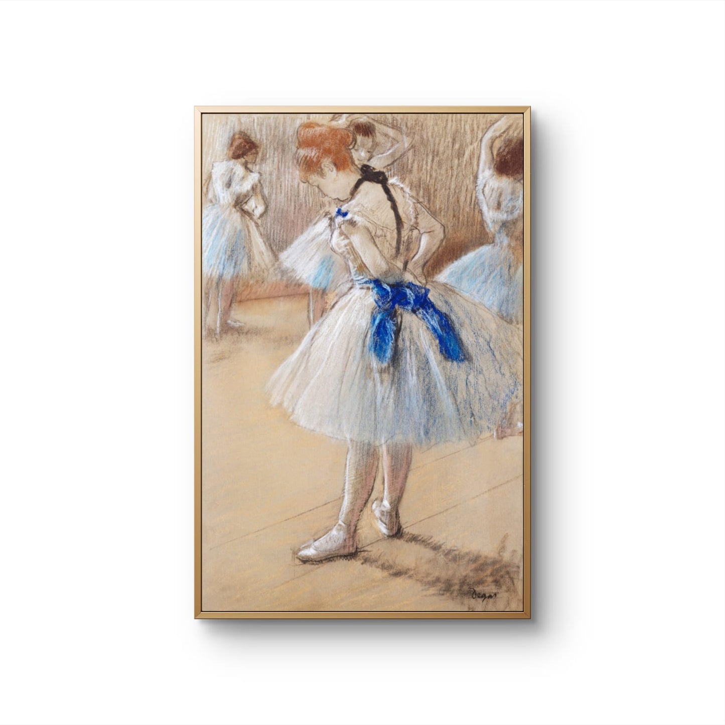Framed artwork of a dancer with a blue ribbon, on a white background