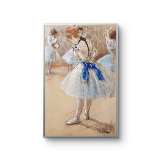 Framed artwork of a dancer with a blue ribbon in a classical style.