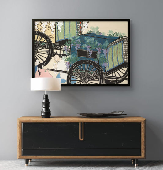 Framed artwork of a traditional vehicle on a gray wall above a wooden console table.