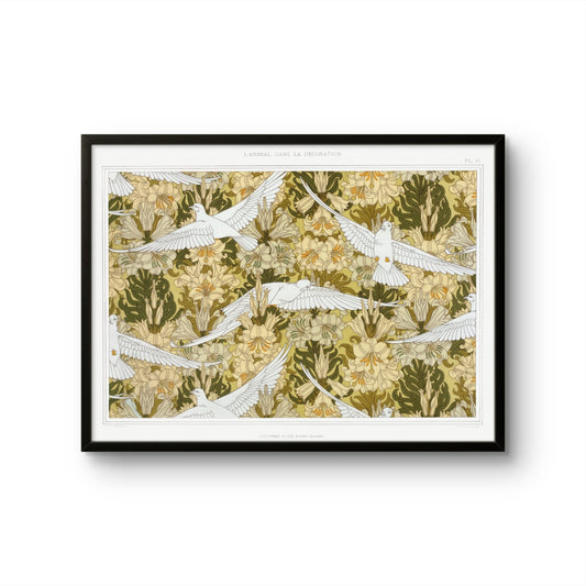 Framed artwork with white birds and green foliage on a gold background