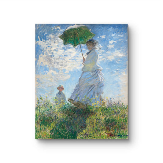 Painting of a woman with an umbrella in a field by Monet