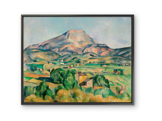 Framed painting of a mountain landscape with green fields and trees.