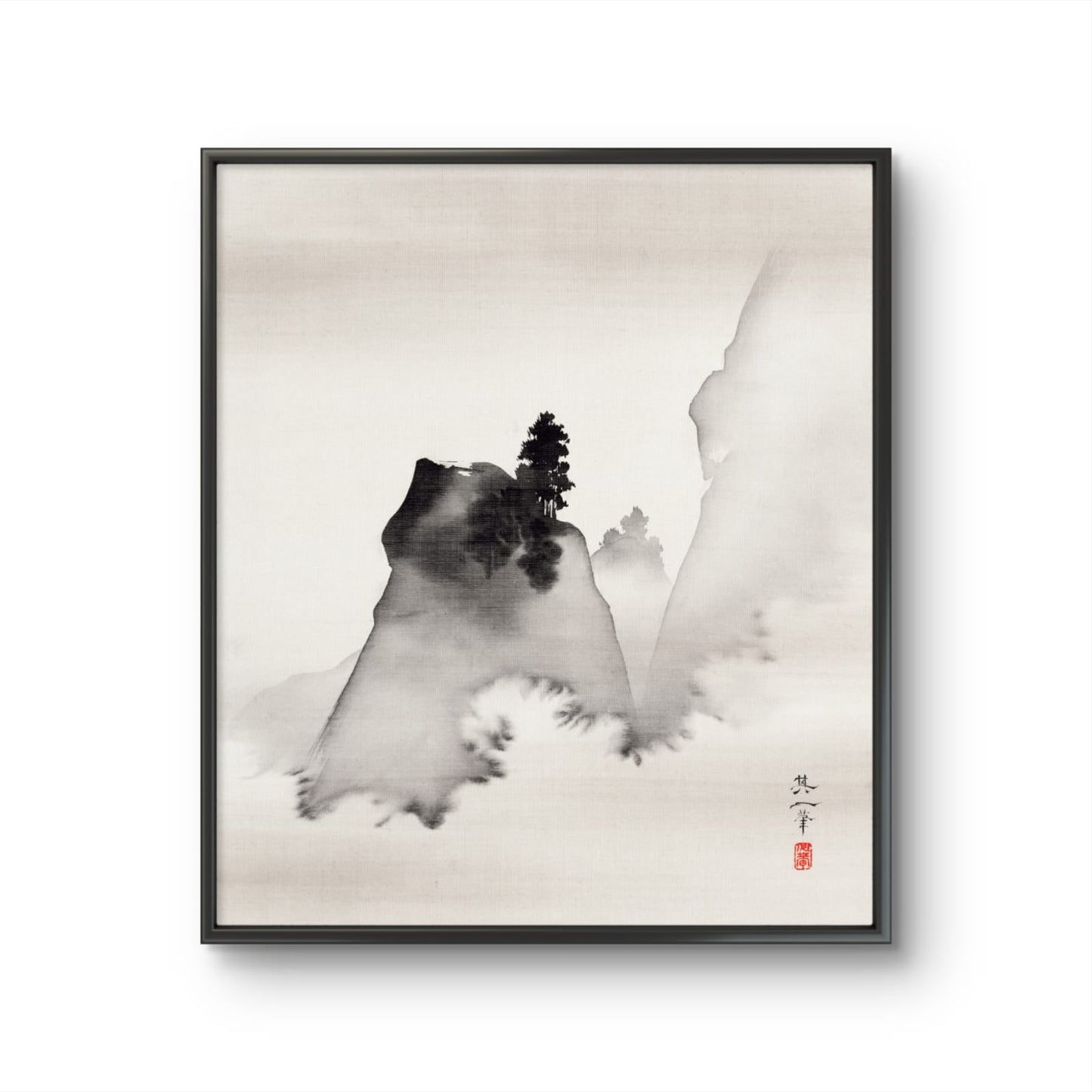 Framed artwork of mountains and trees with a minimalistic design.