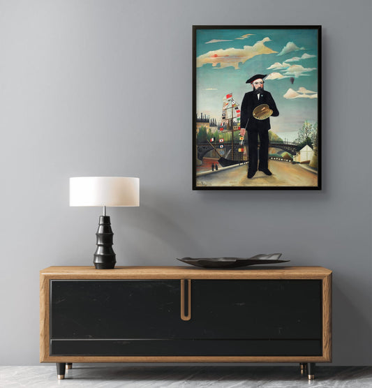Framed artwork above a wooden console table with a lamp and decorative items.