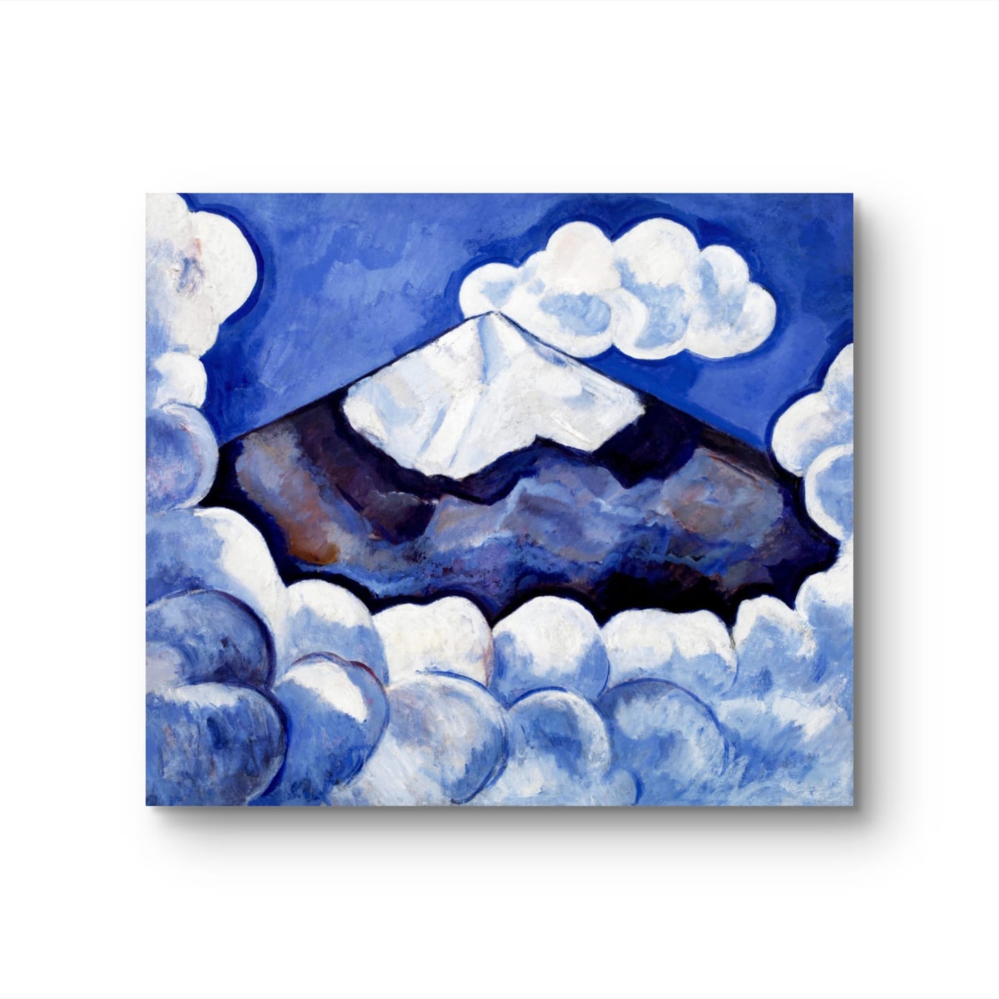 Artistic depiction of a mountain peak with clouds in blue and white tones.