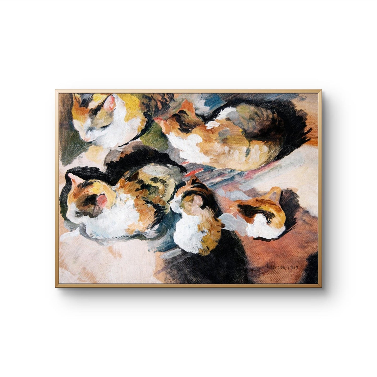 Framed painting of calico cats on a white background