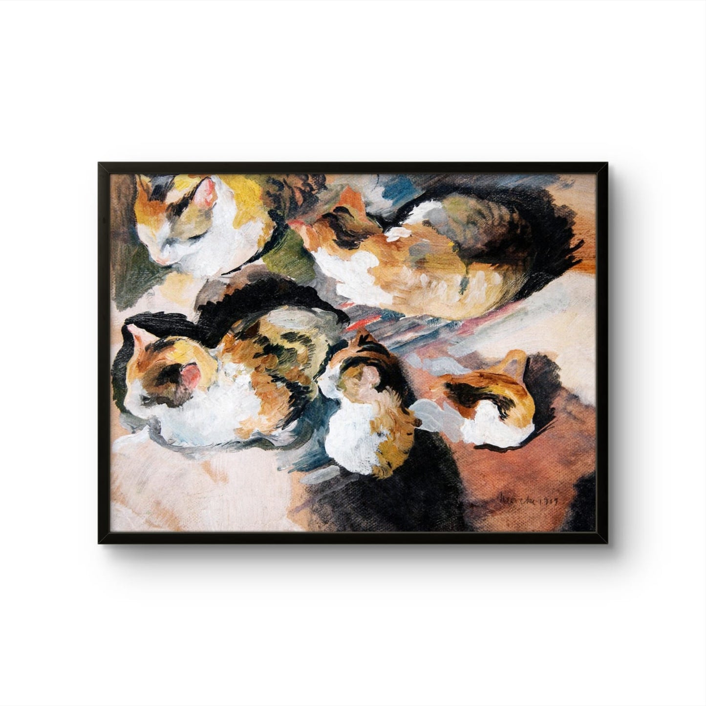 Framed artwork of calico cats on a white background