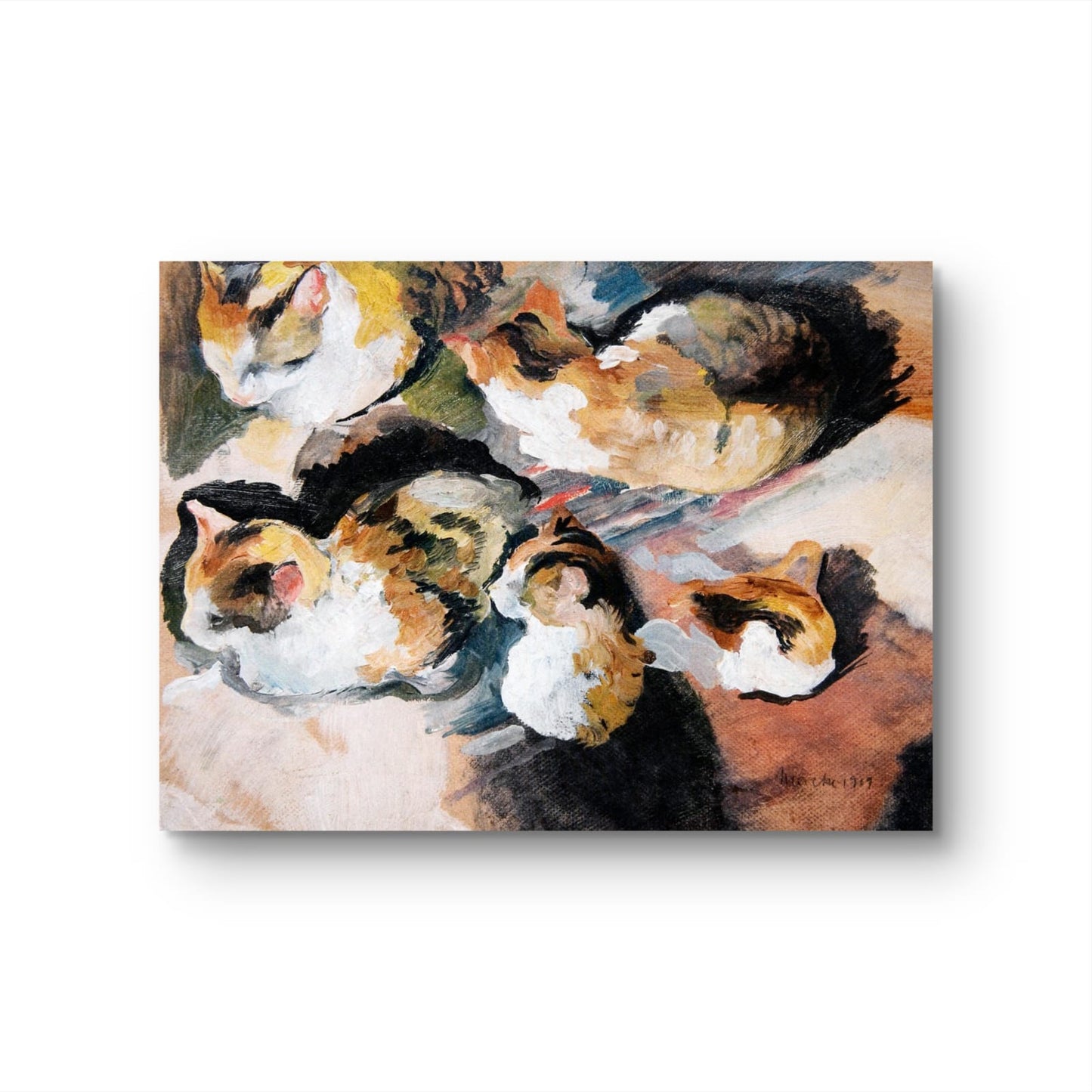 Painting of calico cats on a textured surface