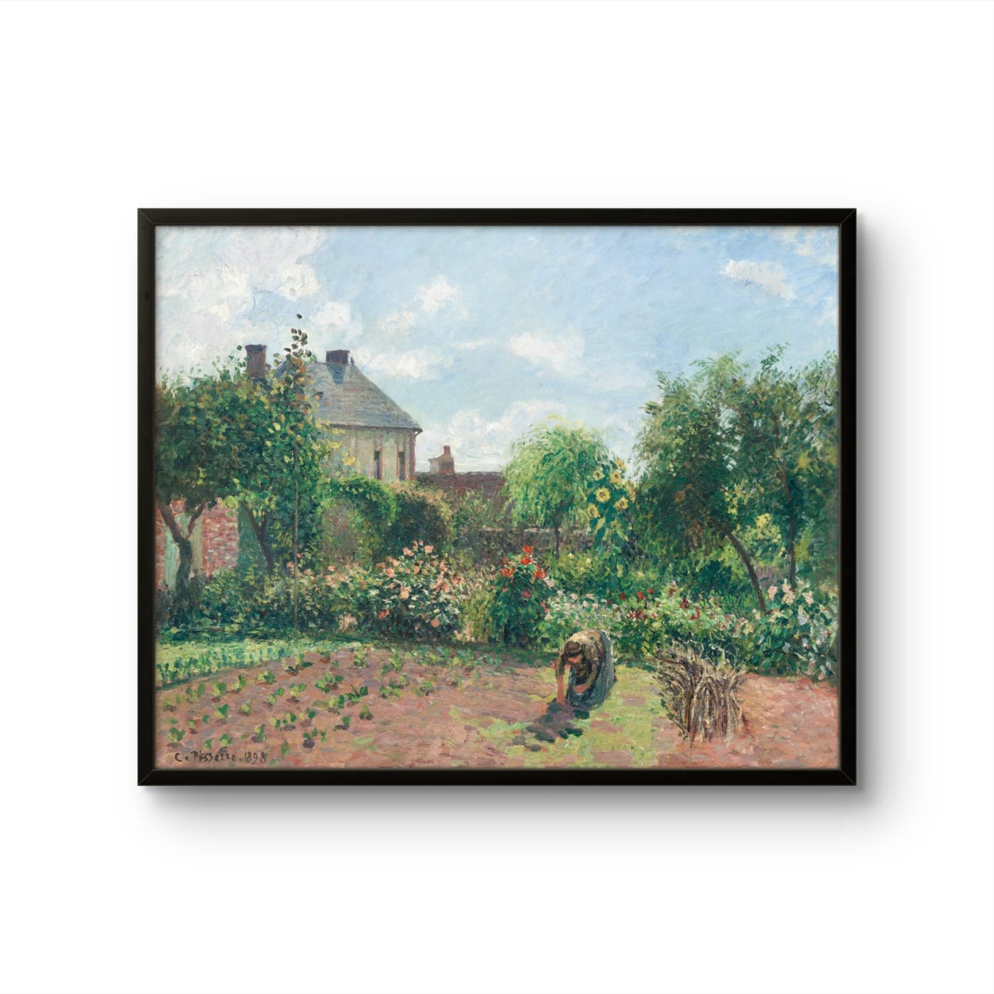 Framed painting of a garden scene with a house and trees on a white background