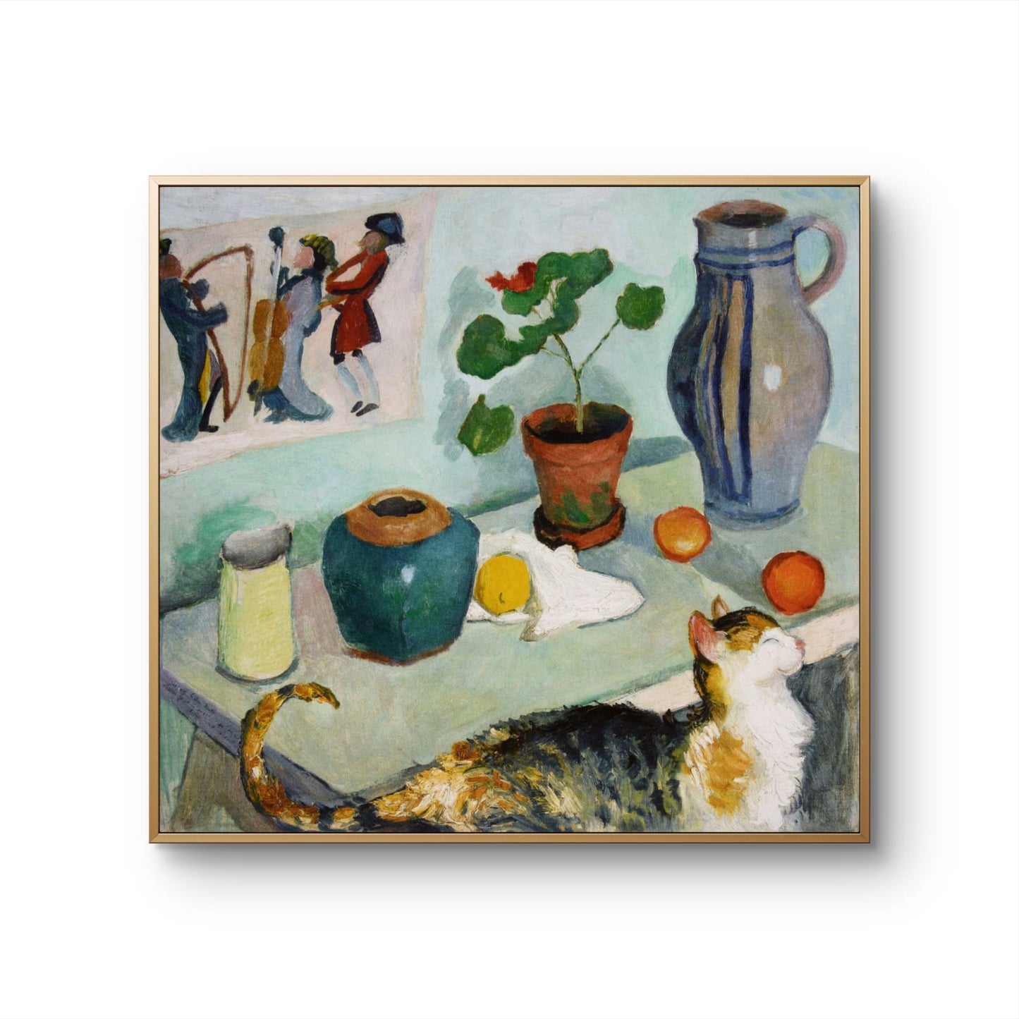 Framed artwork of a still life scene with a cat, vases, and a potted plant on a table.
