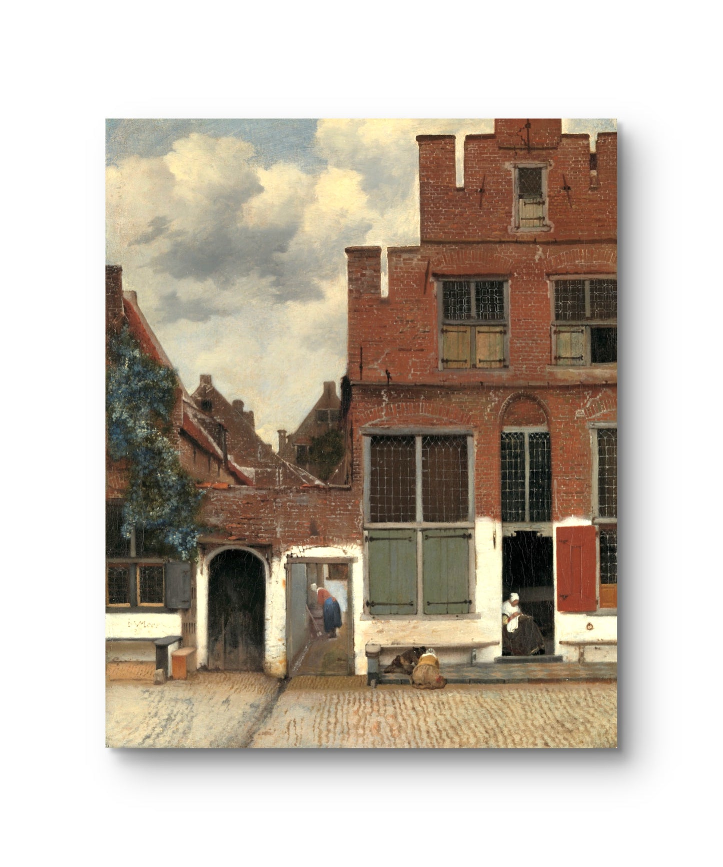 Reproduction of a famous painting showing a street scene with buildings and people.