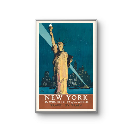 Vintage-style poster of the Statue of Liberty with New York cityscape, framed.
