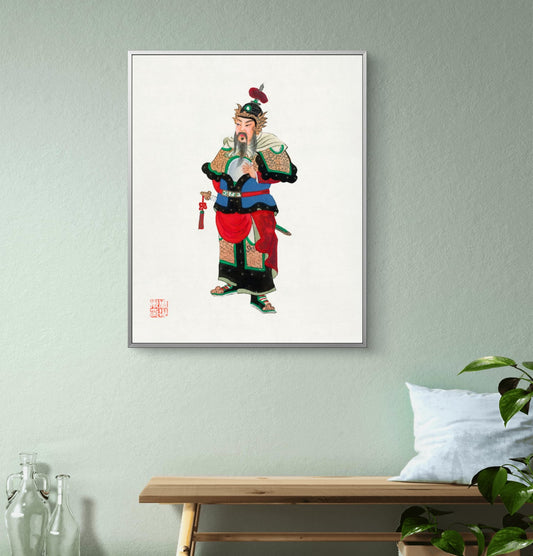 Framed artwork of a traditional character on a wall with a bench and plant below.