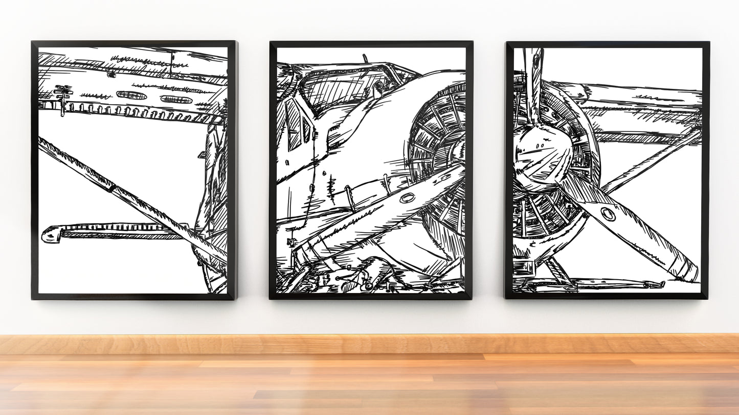 Vintage Plane abstract art print featuring gold and silver tones