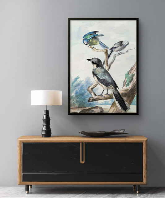 Three Birds abstract art print featuring gold and silver tones