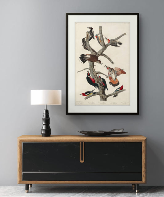 Woodpeckers abstract art print featuring gold and silver tones