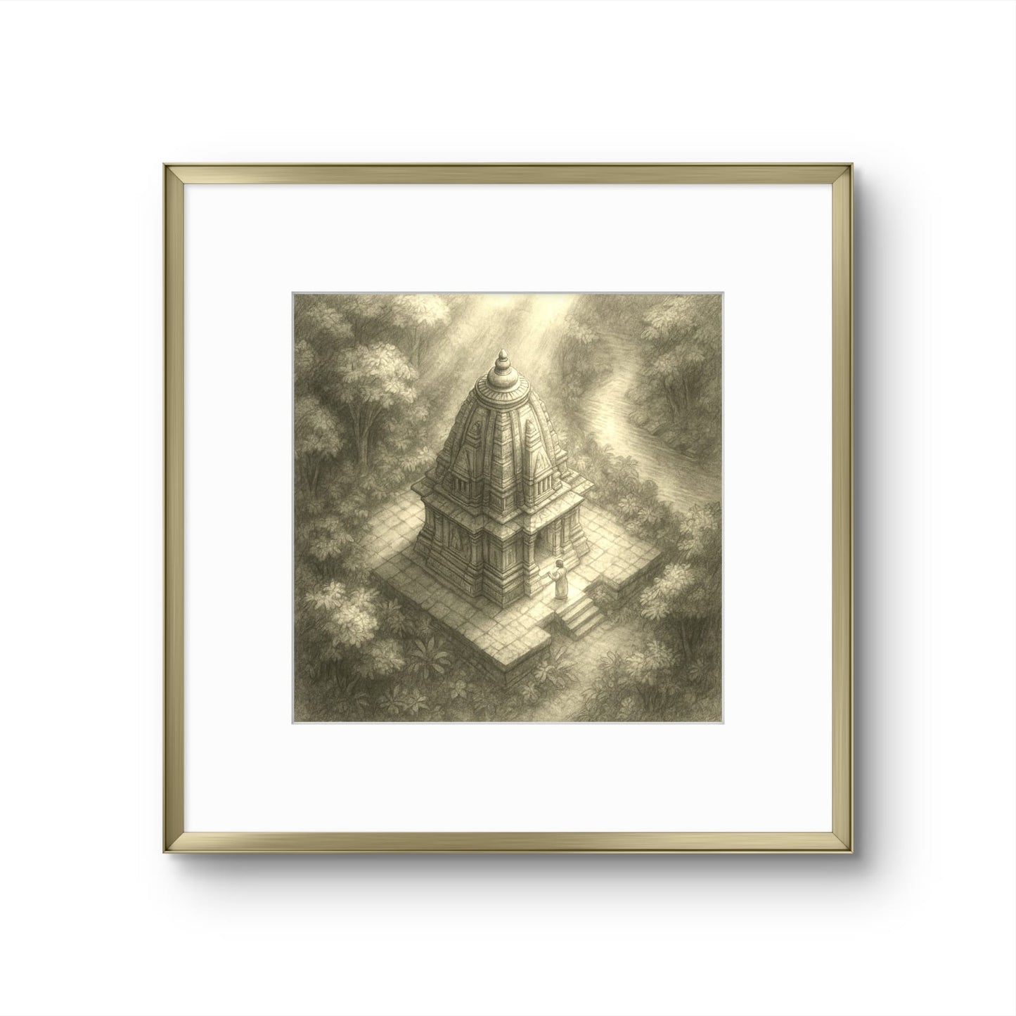 Framed artwork of a temple in a forest on a white background