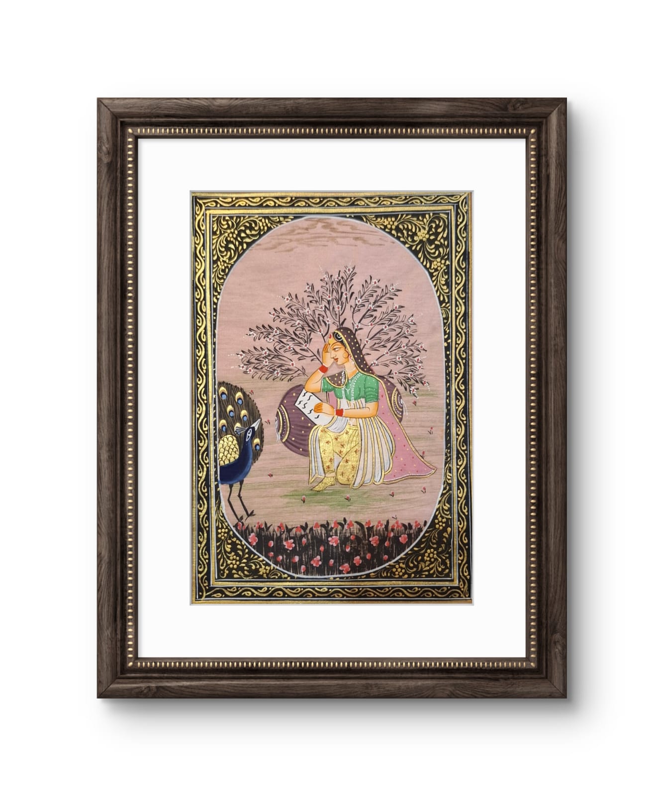 Lady with a peacock- Handpainted Miniature 16.5 x 11.5 cms