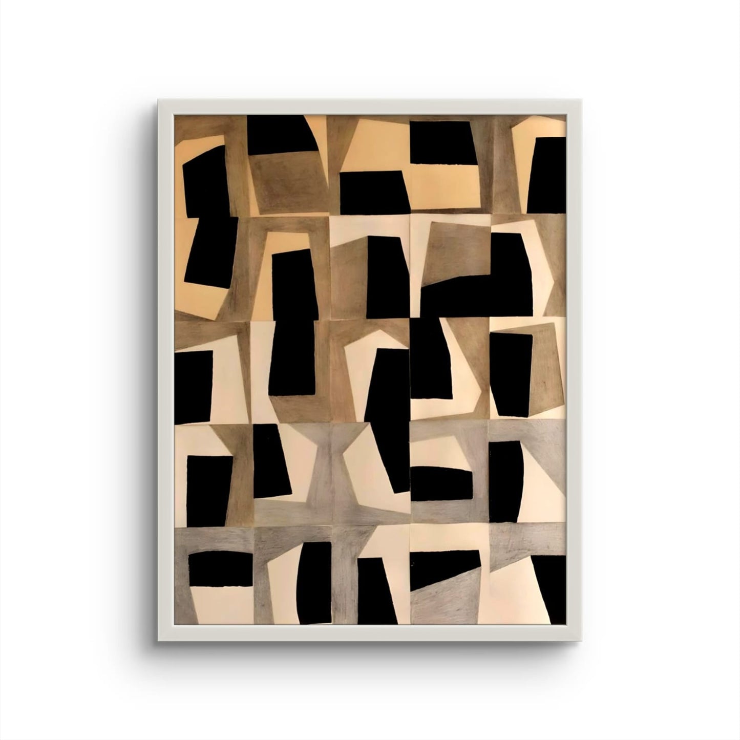 Abstract art print with geometric shapes in black and beige on a white background