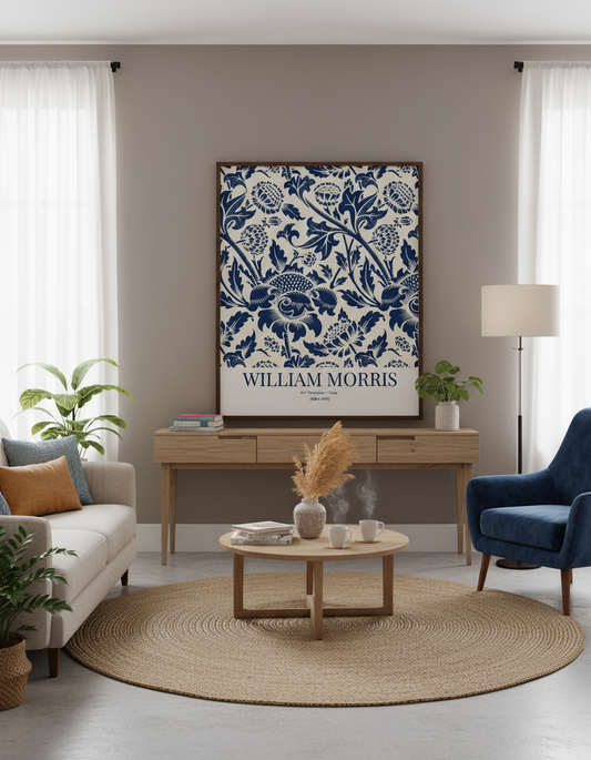 Living room with a large floral artwork on the wall, a coffee table, and decorative items.