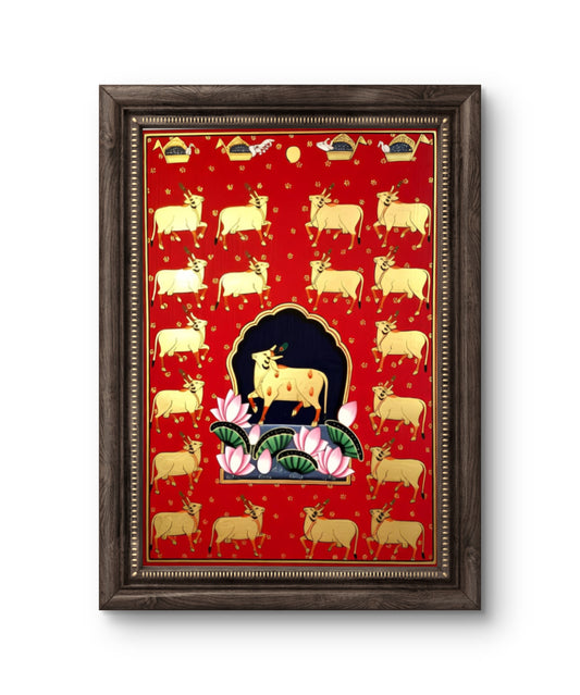 21 x 28.5 cms Hand-painted Pichwai Cow with Gold cows