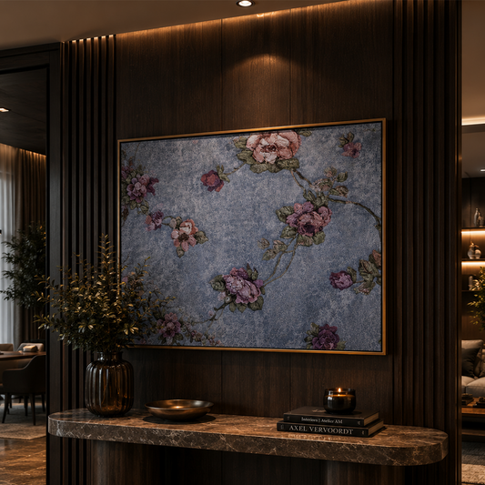 A large framed wall art piece featuring a textured blue-gray background with pink and mauve floral branches, displayed above a dark wood console table in a modern interior setting.