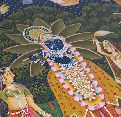 Pichwai Shrinathji with Cows - Antique Finish (unframed) 2 x 3 ft