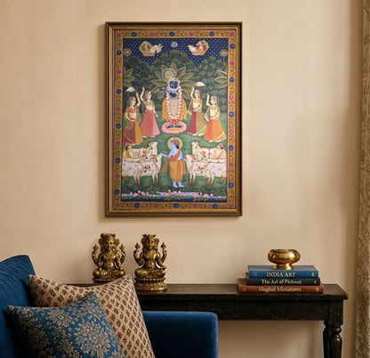 Pichwai Shrinathji with Cows - Antique Finish (unframed) 2 x 3 ft