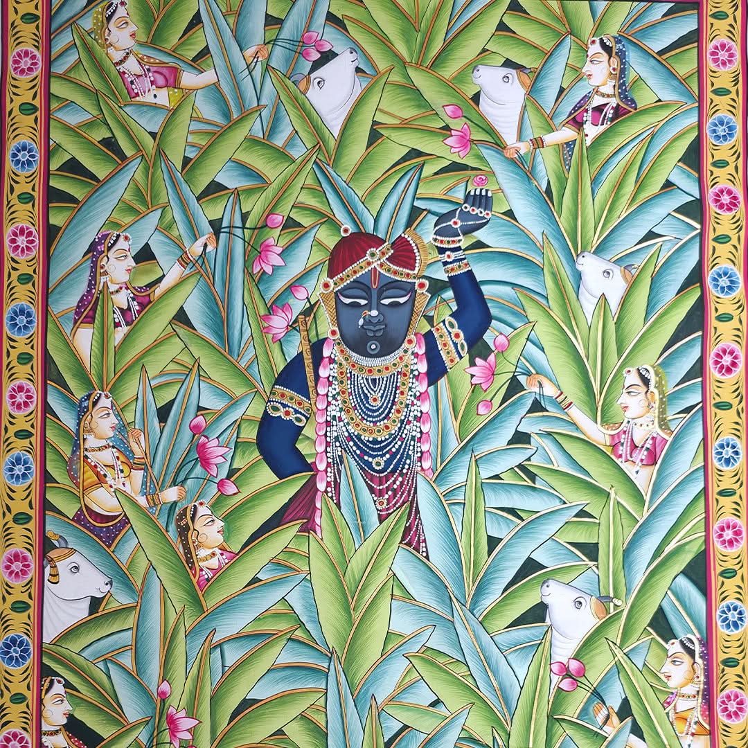 Pichwai Cows with Banana Leaves - (unframed) 2 x 3 ft