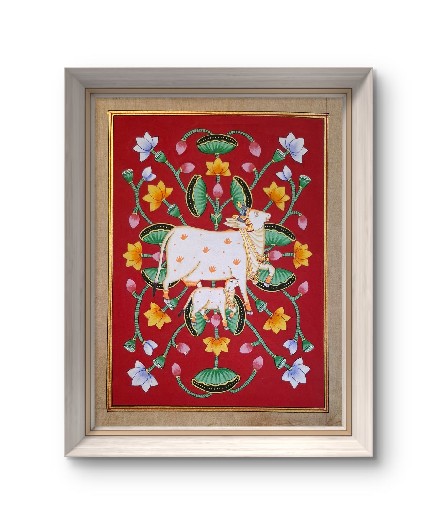32 x 24 cms Hand-painted Pichwai Cow with Lotuses