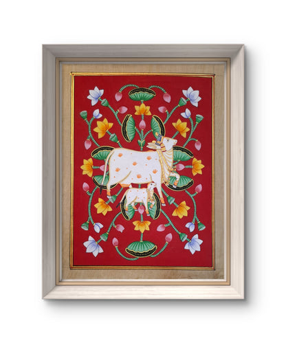 32 x 24 cms Hand-painted Pichwai Cow with Lotuses