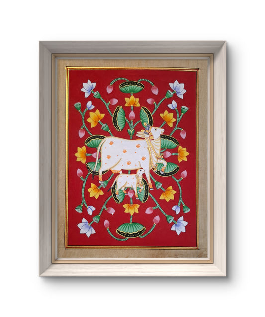 32 x 24 cms Hand-painted Pichwai Cow with Lotuses