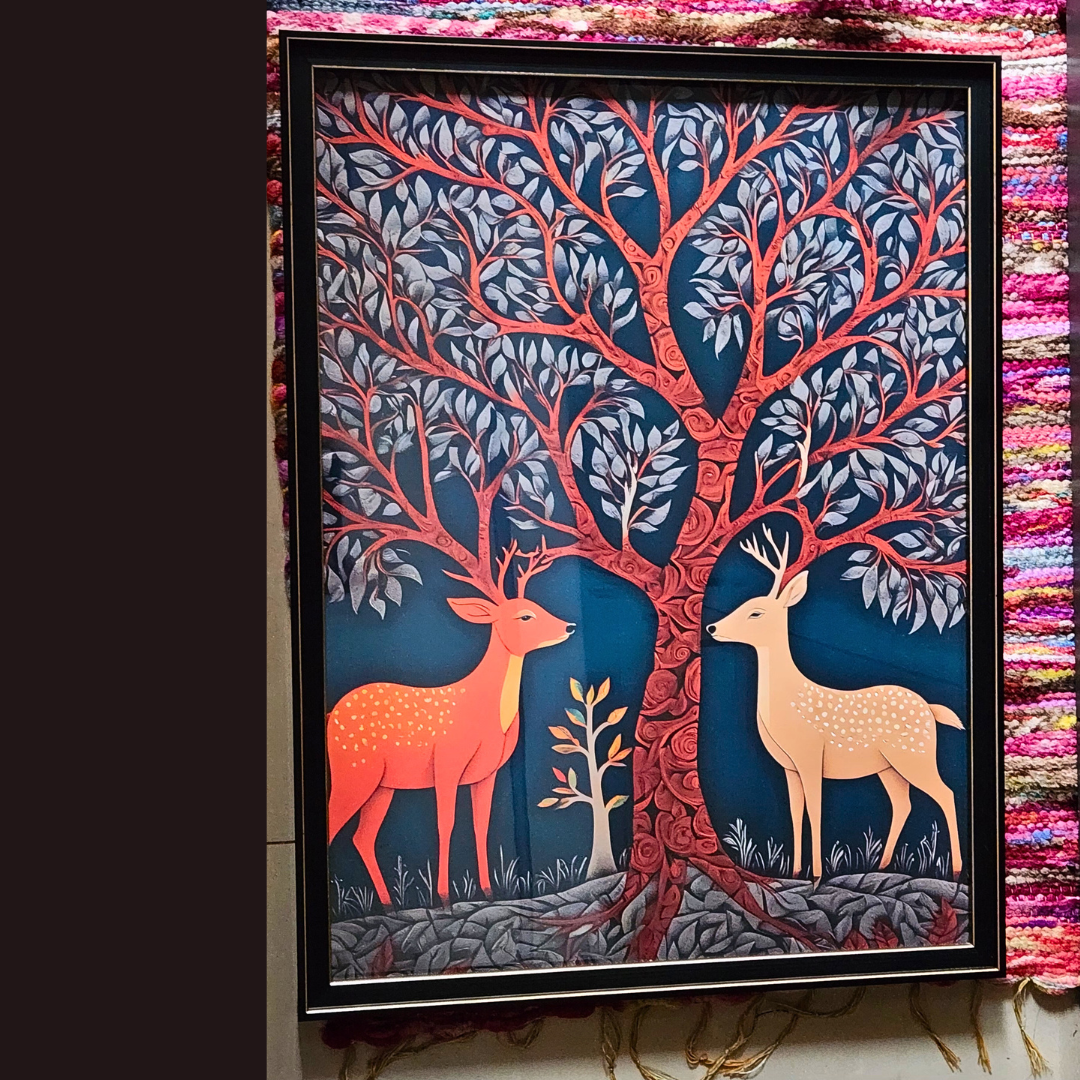 Gond Art Tree of life - Black Frame with Gold Lining 18.5 x 24 inches