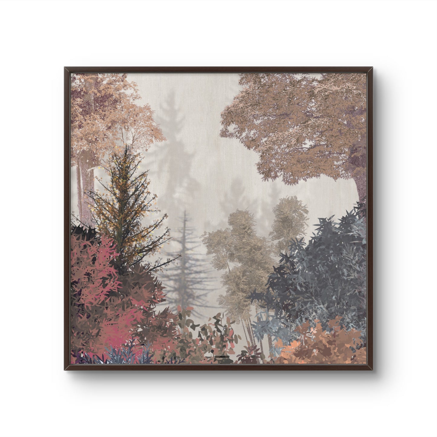 A framed square art print depicting a misty autumn forest with trees in shades of brown, beige, pink, and blue-gray, set against a clean white background.