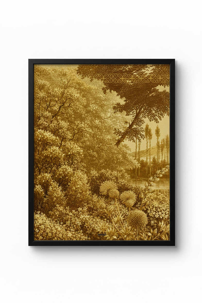 A framed art print featuring a sepia-toned landscape illustration with trees, shrubs, and wildflowers, presented in a black frame against a white background.