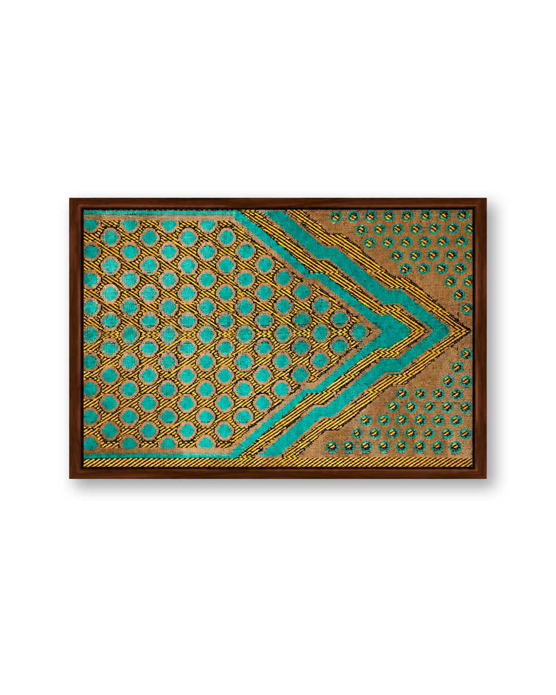 A framed square art print featuring a geometric pattern with turquoise, gold, and brown tones, set against a plain white background.