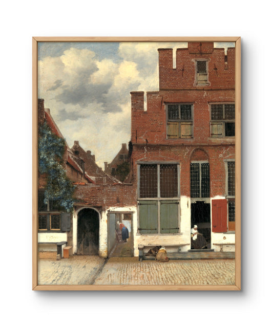 Framed artwork of a street scene with buildings and people, reminiscent of Dutch Golden Age paintings.