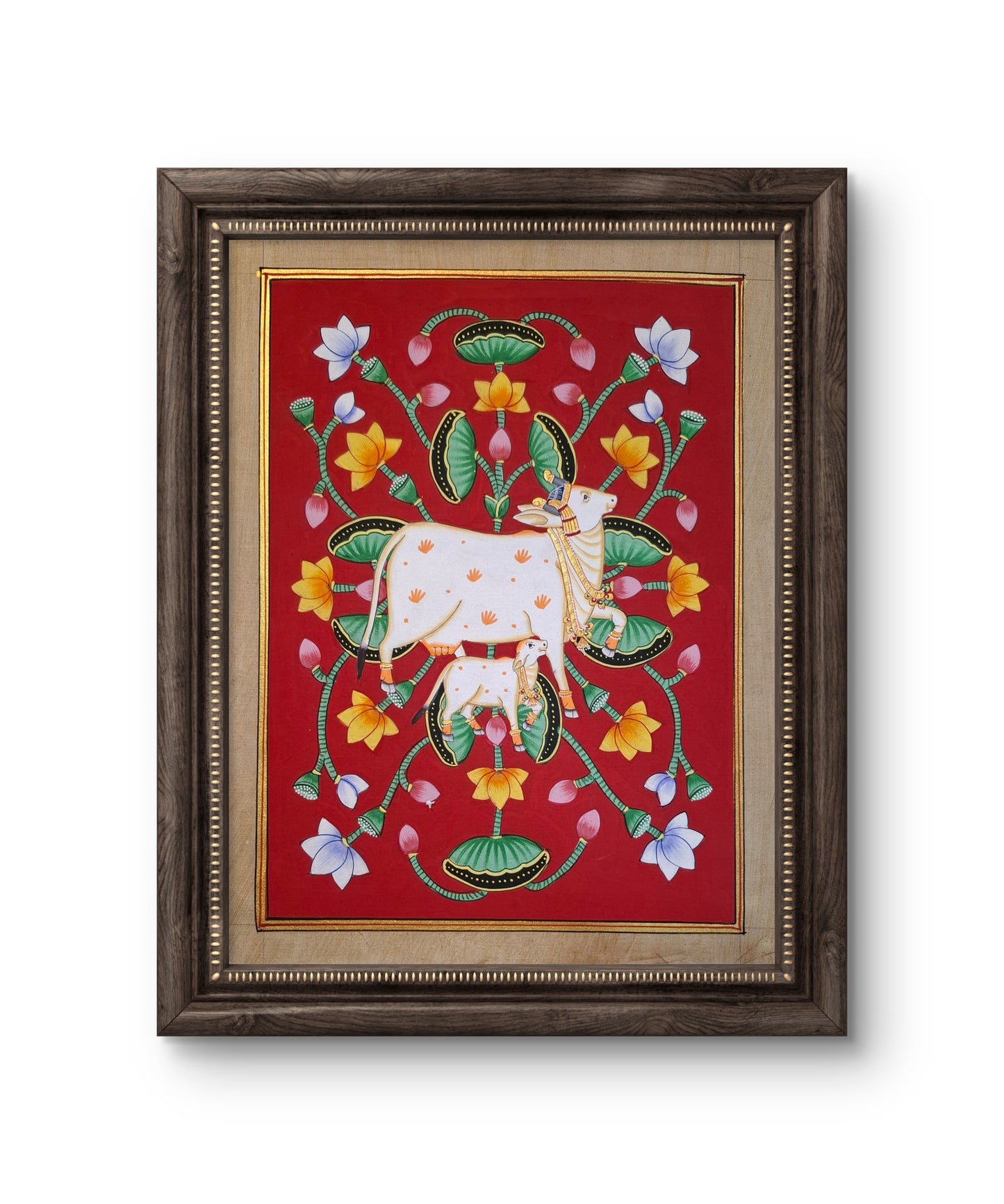 32 x 24 cms Hand-painted Pichwai Cow with Lotuses