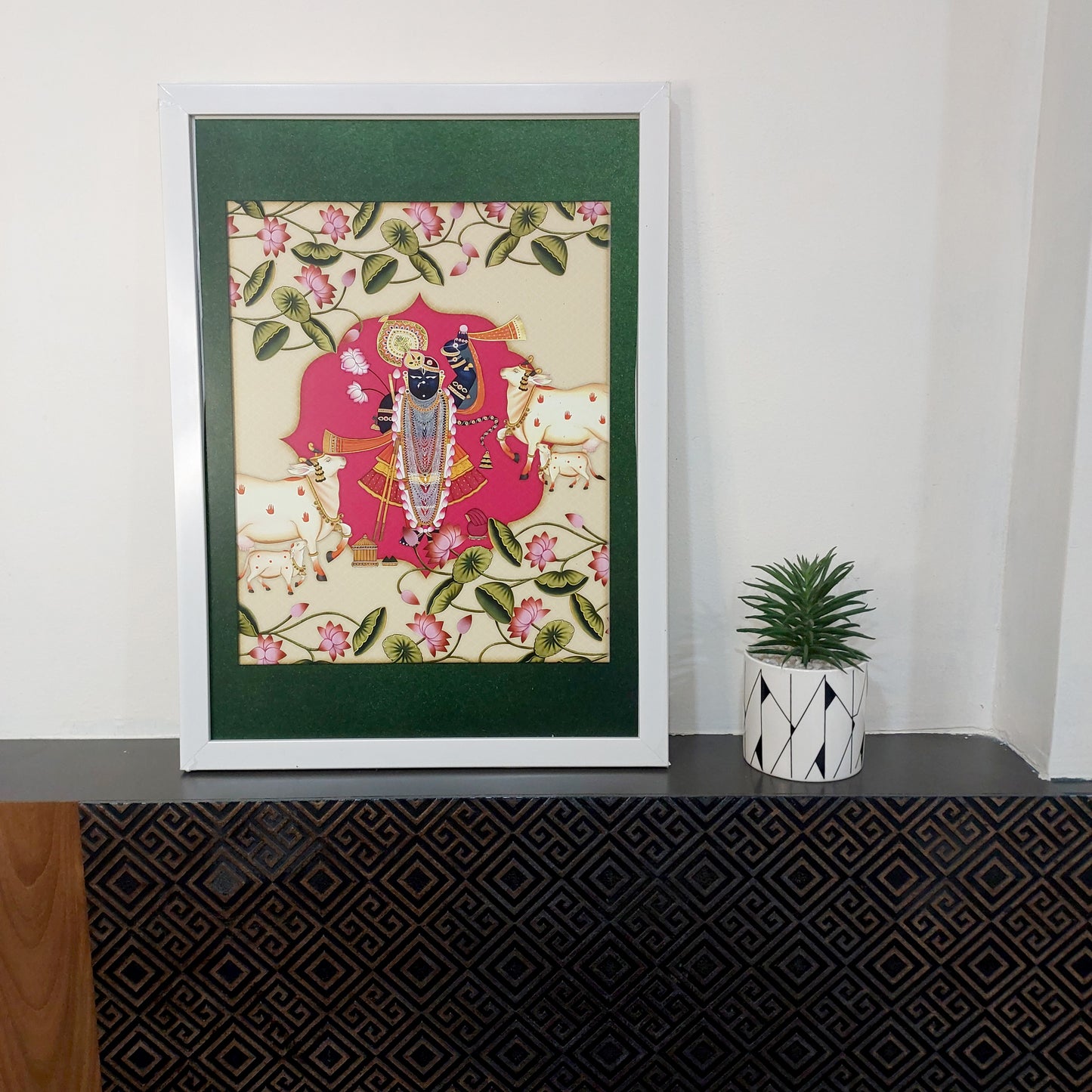 Pichwai Shrinathji with Cows & Lotuses (Green) - 18 x 13 inches