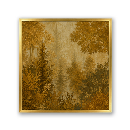 A square framed art print depicting a misty autumn forest in warm golden-brown and beige tones, surrounded by a thin gold frame on a white background.