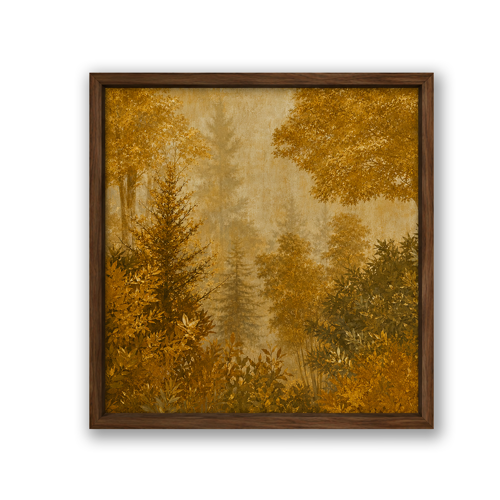 A framed forest landscape painting featuring golden-yellow autumn foliage, misty pine trees, and dense underbrush, enclosed in a dark brown wooden frame against a white background.