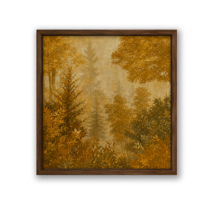 A framed forest landscape painting featuring golden-yellow autumn foliage, misty pine trees, and dense underbrush, enclosed in a dark brown wooden frame against a white background.