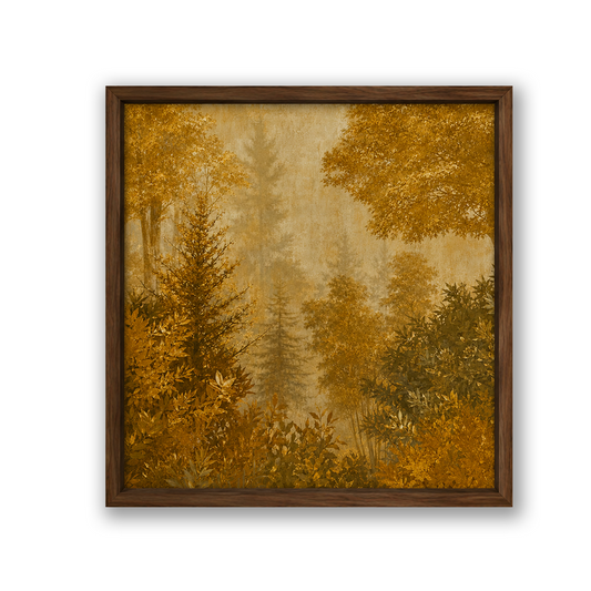 A framed forest landscape painting featuring golden-yellow autumn foliage, misty pine trees, and dense underbrush, enclosed in a dark brown wooden frame against a white background.